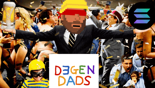 a man in a suit and tie stands in front of a sign that says " degen dads "