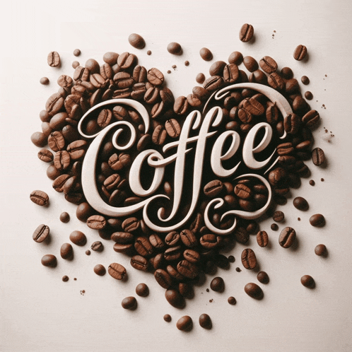 a heart made of coffee beans with the word coffee written in the middle