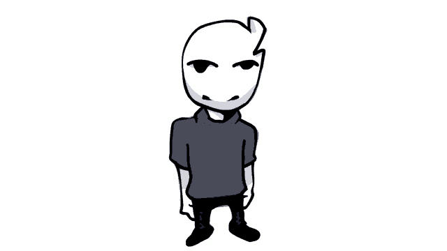 a cartoon character wearing a blue shirt and black pants