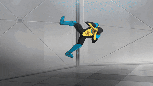 a cartoon of a man in a superhero costume is flying through the air