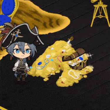 a cartoon character is standing next to a pile of gold