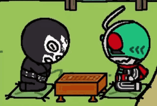 two cartoon characters are sitting at a table playing a game of chess .