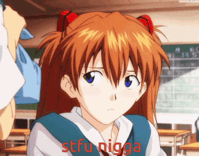 a girl in a school uniform with stfu nigga written on the bottom
