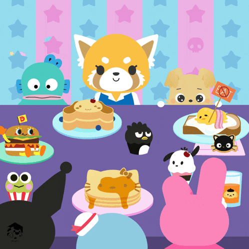 a bunch of cartoon characters are sitting around a table with food on it