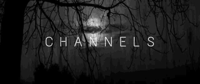 a black and white photo of a tree with the words " chanels " in white letters