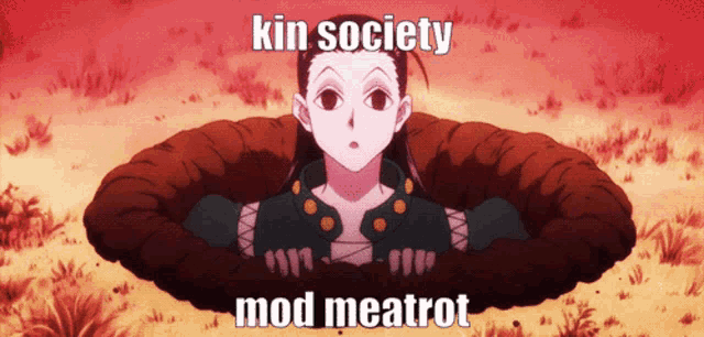 a picture of a girl with the words " kin society mod meatrot " above her