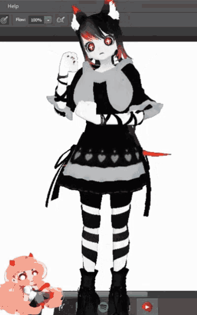 a drawing of a girl in a black and white dress with a help button