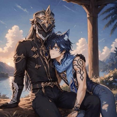 a couple of anime characters sitting next to each other in front of a lake