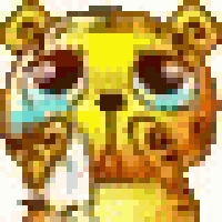 a pixel art drawing of a bear 's face with big eyes and ears .