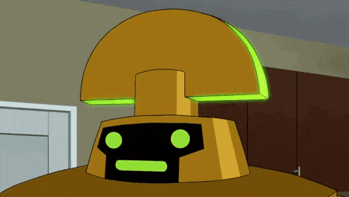 a cartoon drawing of a robot with a green light coming out of its head