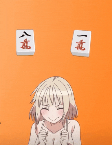 a girl giving a peace sign in front of a pair of mahjong pieces