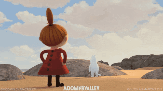 a poster for moomin valley features a girl and a white cat