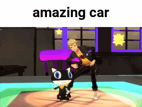 a cartoon of a man and a cat dancing with the words amazing car above them