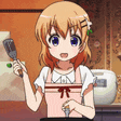 a girl in an apron is holding a spatula in her hand while cooking .