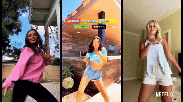 three women are dancing in front of a house with a netflix logo in the corner