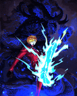 a man in a red suit is holding a blue flame in his hand