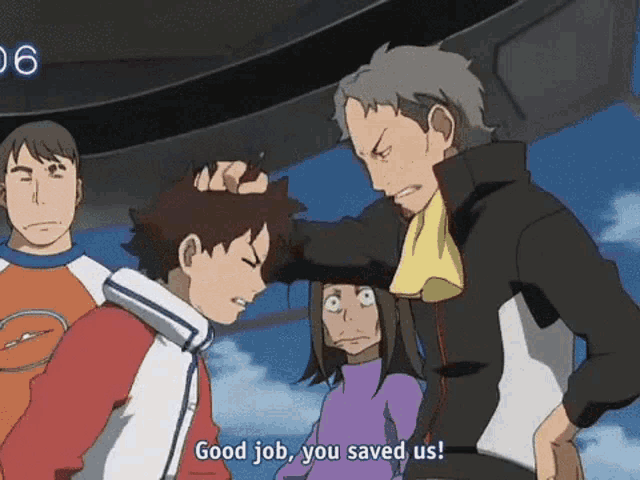 a group of anime characters are standing around a man who says good job you saved us