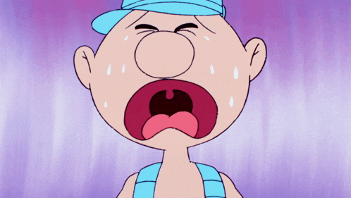 a cartoon character with a big nose and a blue hat is crying
