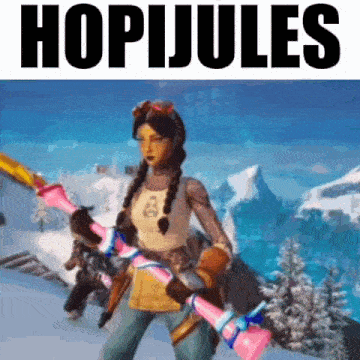 a woman in a video game is holding a sword and a gun in the snow .