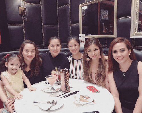 a group of women are sitting around a table with plates of food and drinks