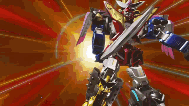 a robot is holding a sword and has a samurai costume on