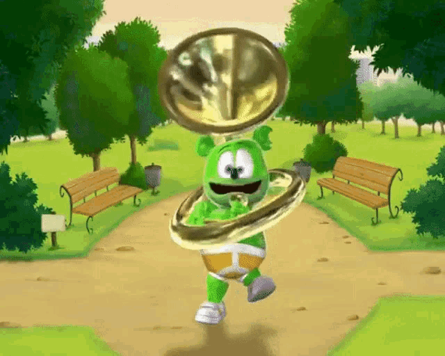 a gummy bear is playing a brass band in the park