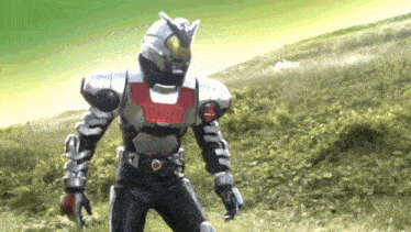 a cartoon character is standing in a field with a helmet on