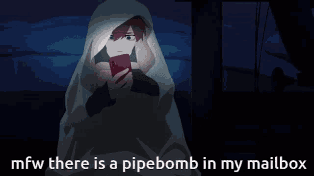a close up of a person 's face with the words mfw there is a pipebomb in my mailbox below it