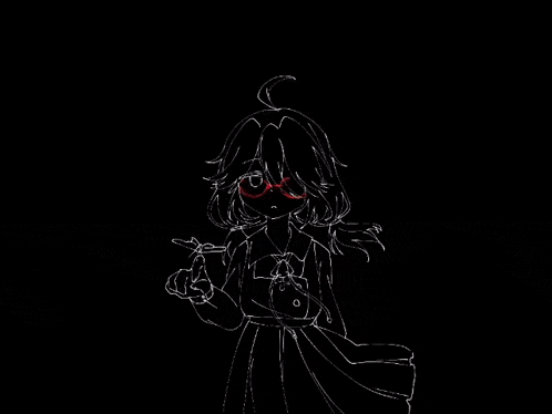 a black and white drawing of a girl wearing red glasses and a dress on a black background .