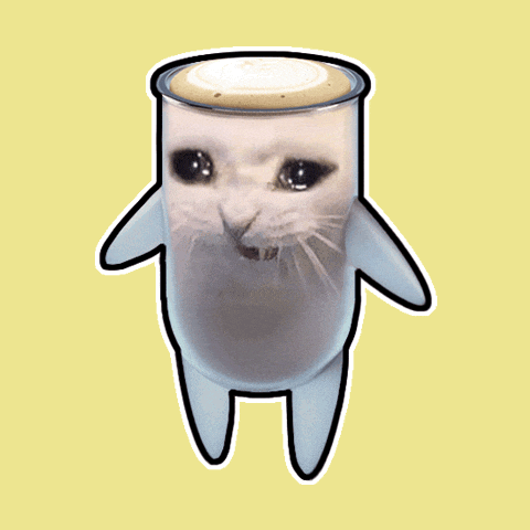 a drawing of a cat with a cup of coffee on top of it