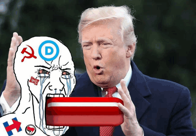 a cartoon of donald trump holding a red box with a crying face