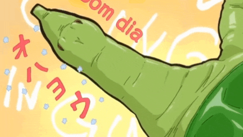 a cartoon drawing of a green hand with the word bom dia on it