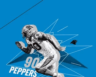 a panthers football player wearing a helmet with a reflection of a player in it
