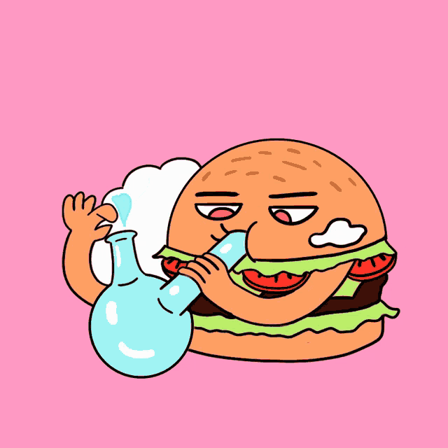 a cartoon of a hamburger smoking a bong with smoke coming out of it