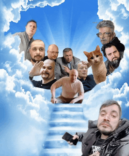 a group of men and a cat in the clouds