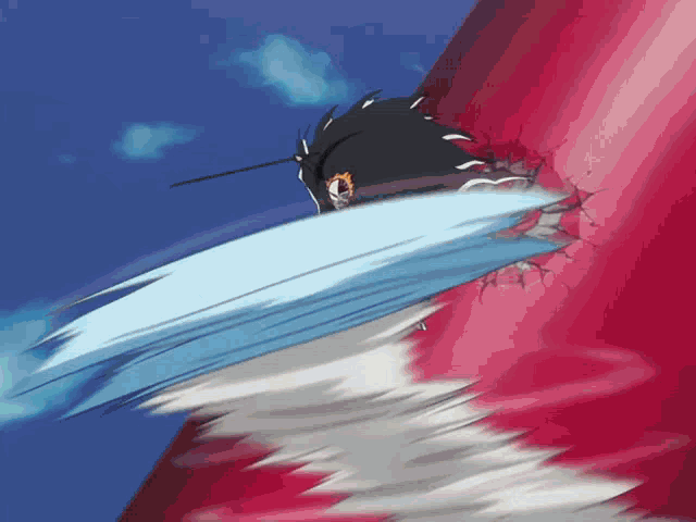 a drawing of a person with a sword going through a red wall
