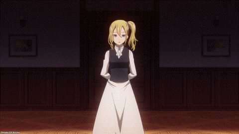 a girl in a white dress and vest is standing in a dark room with her hands on her hips .