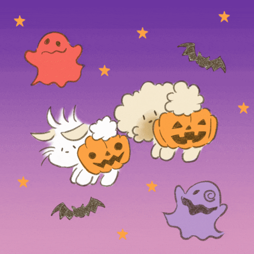 a cartoon drawing of sheep with pumpkins on their heads and ghosts