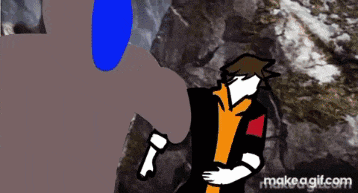 a cartoon of a man hugging another man in front of a mountain