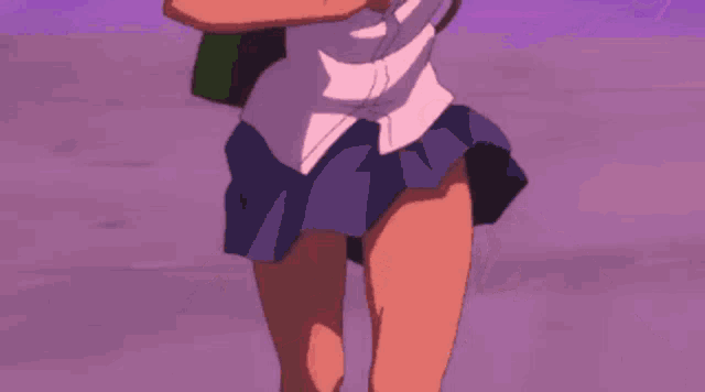 a girl with a green backpack is running on a purple background