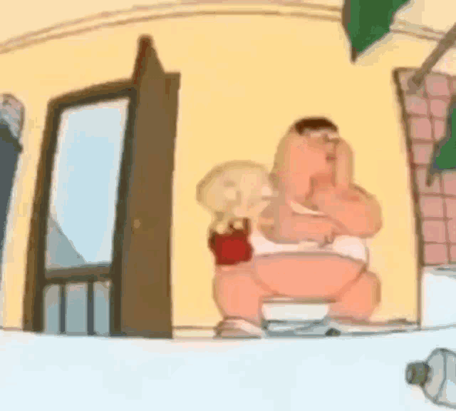 a cartoon of a fat man sitting on a toilet with a baby .