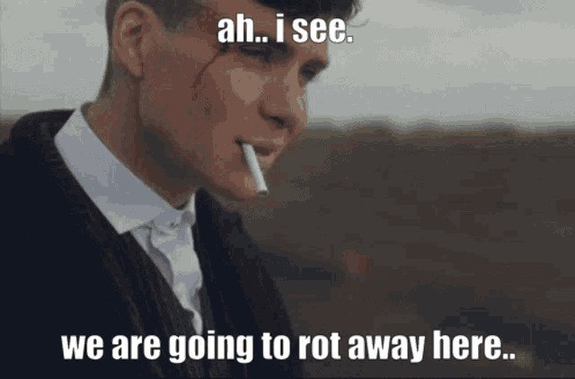 a man smoking a cigarette with the words ah i see we are going to rot away here below him