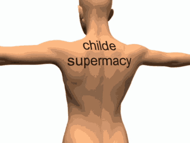 a naked man has the word childe supermacy written on his back