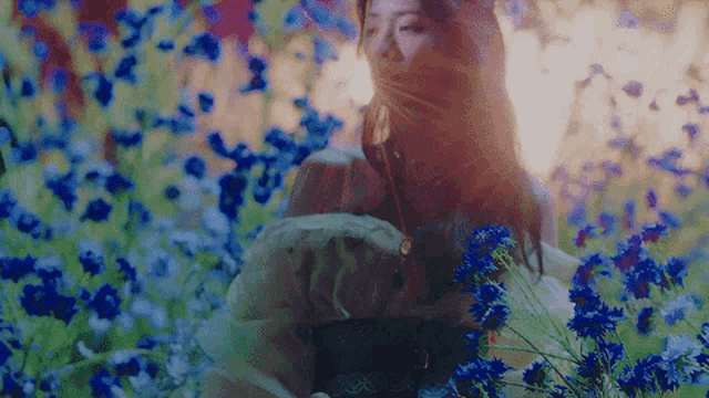 a woman is standing in a field of blue flowers with the sun shining through the flowers .