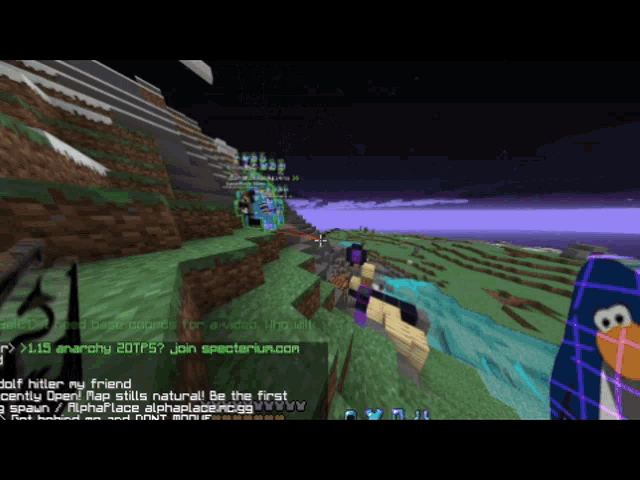 a screenshot of a minecraft game with a penguin on the bottom right corner