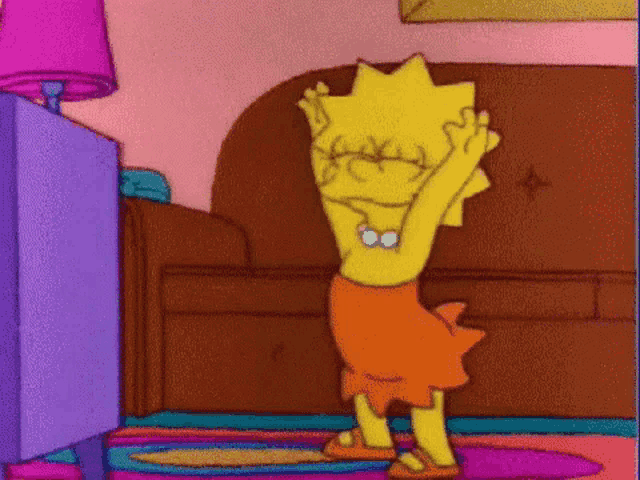 a cartoon character from the simpsons is standing in a room with her hands on her head .