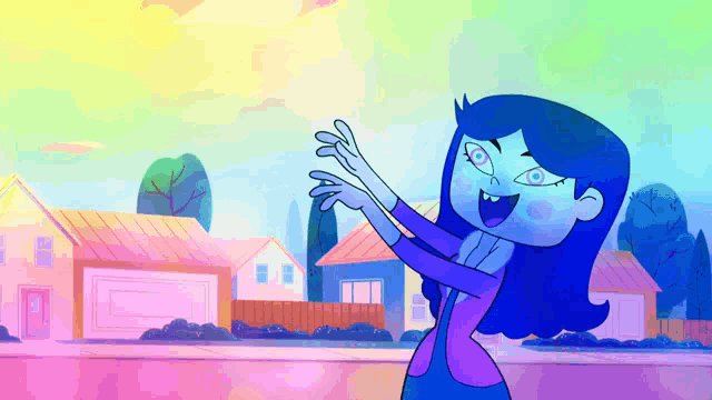 a cartoon drawing of a girl with blue hair and blue eyes