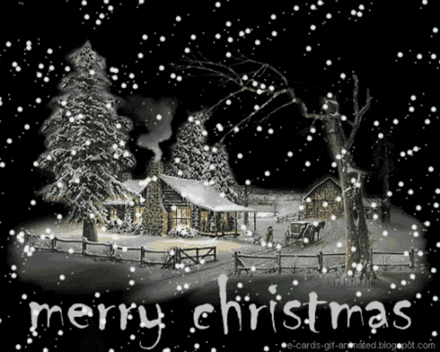 a merry christmas greeting card with a house in the snow