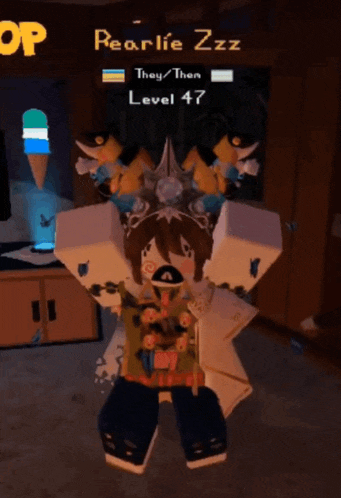 a cartoon character is standing in front of a sign that says ' level 47 ' on it