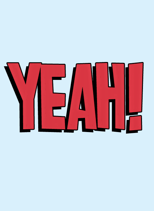 the word yeah is written in red on a light blue background